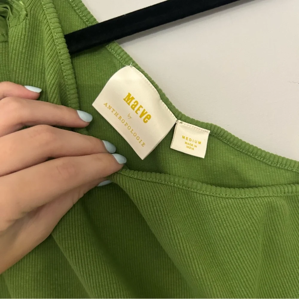 Anthropologie Maeve Green Ribbed One Shoulder Tie Top - Picture 6 of 6